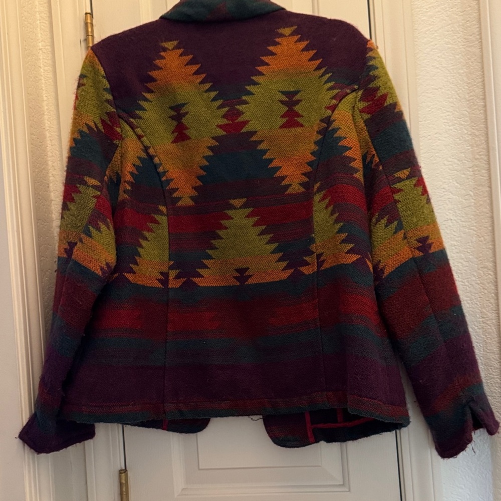 Coldwater Creek Olive, Plum and Rust tribal/aztec print cardigan jacket